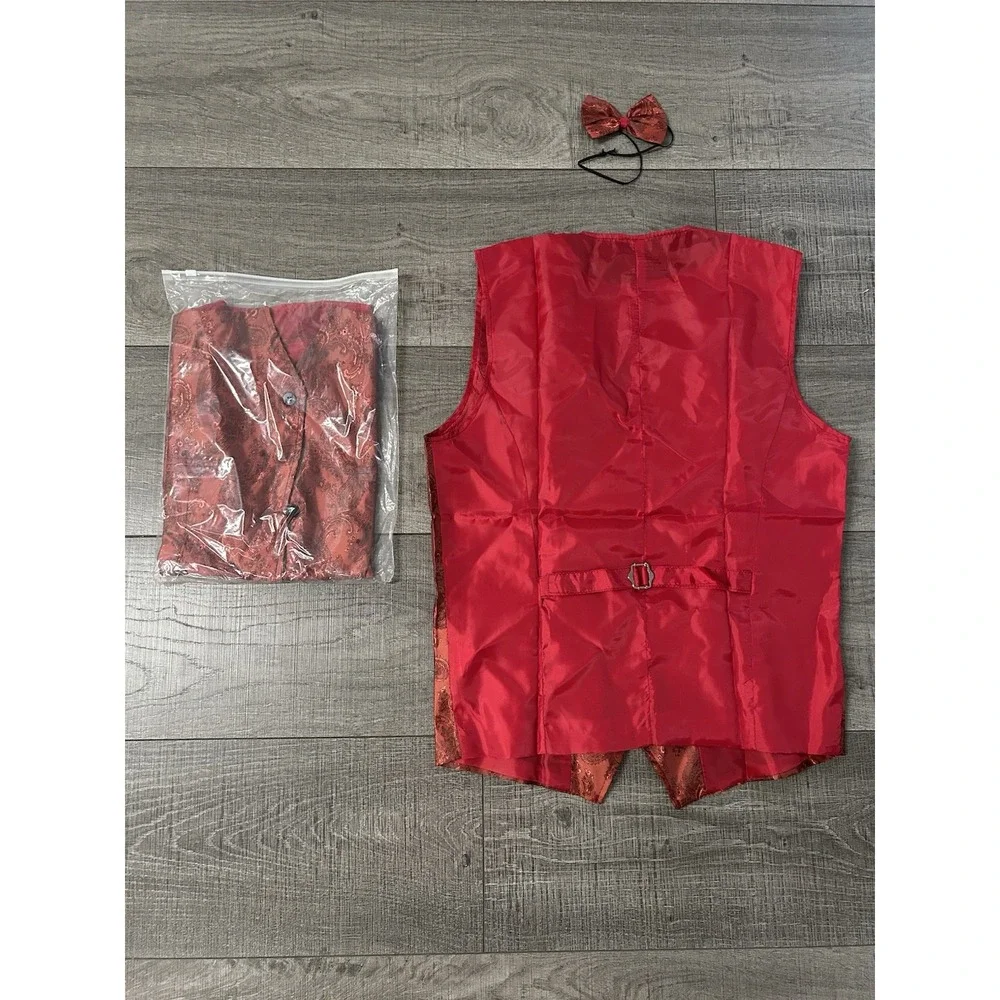 Men's Red Paisley Formal Tuxedo Vest Waistcoat w/ Matching Bow Tie, XL